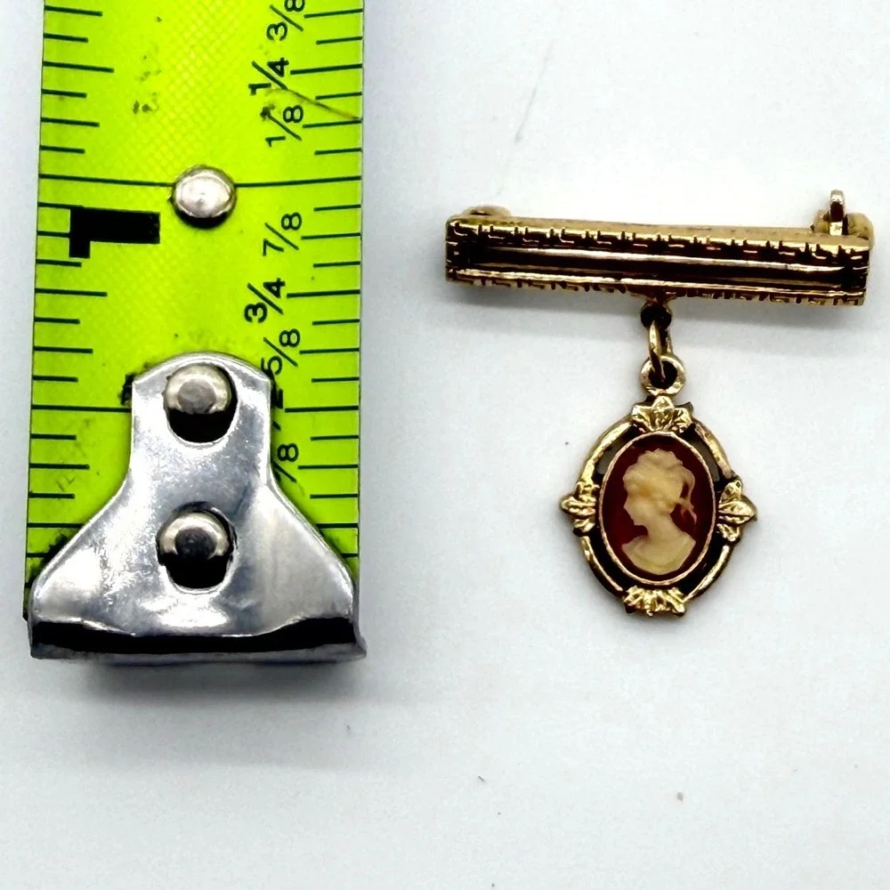 Vintage Gold Tone Cameo Dangle Bar‎ Brooch Pin Victorian Lady Portrait Pendant